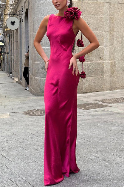 Formentera Flower Satin Ribbon Maxi Dress