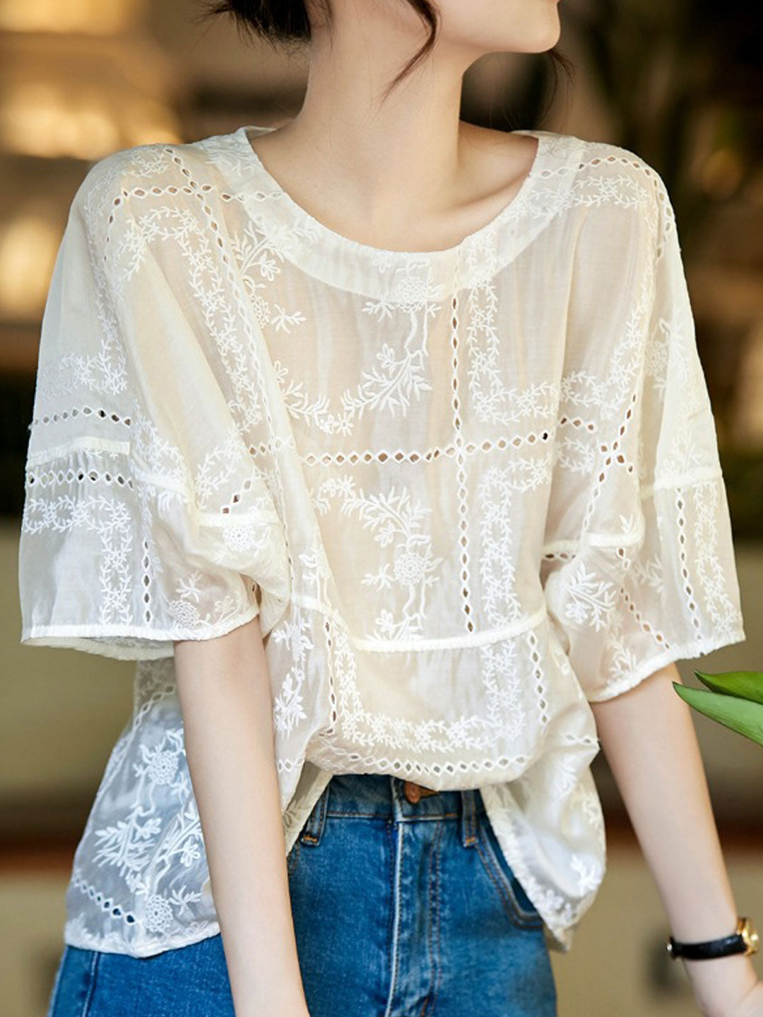 Jocelyn Loose Crew Neck Embroidered Hollowed Top