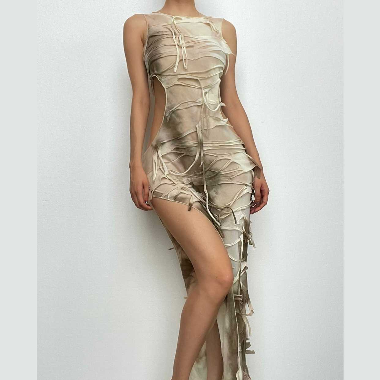 Tie Dye Shredded Side Cutout High Slit Sleeveless Maxi Dress