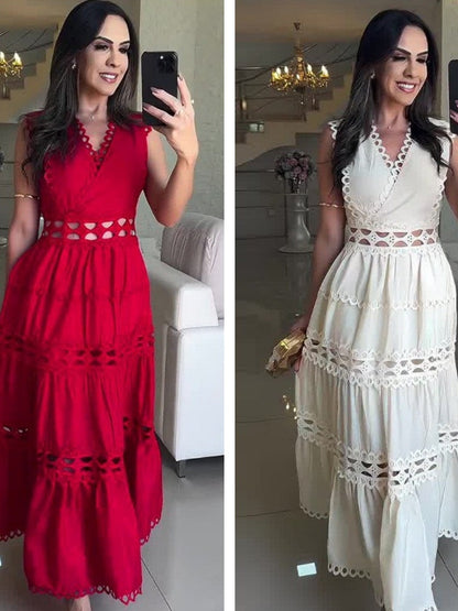 Openwork Embroidery V-neck Slimming Maxi Dresses