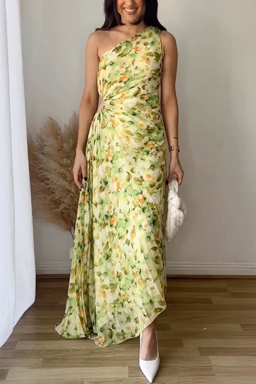 One Shoulder Ruched Cut Out Asymmetric Hem Printed Maxi Dress