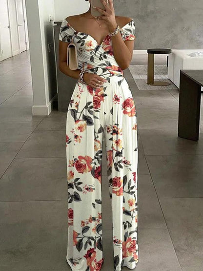 Elegant Printed High-waisted Off-shoulder Jumpsuit