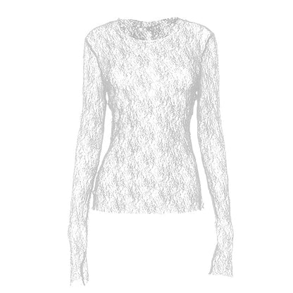 Long sleeve crewneck stitch lace see through top