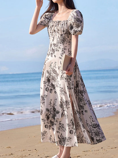 Gianna Elegant Square Neck Puff Sleeve Floral Dress