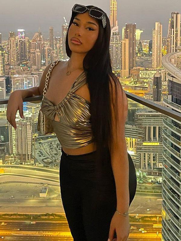 Metallic Golden One Shoulder Crop Top