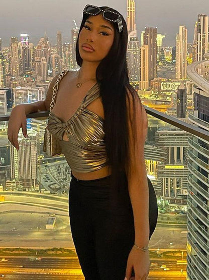 Metallic Golden One Shoulder Crop Top