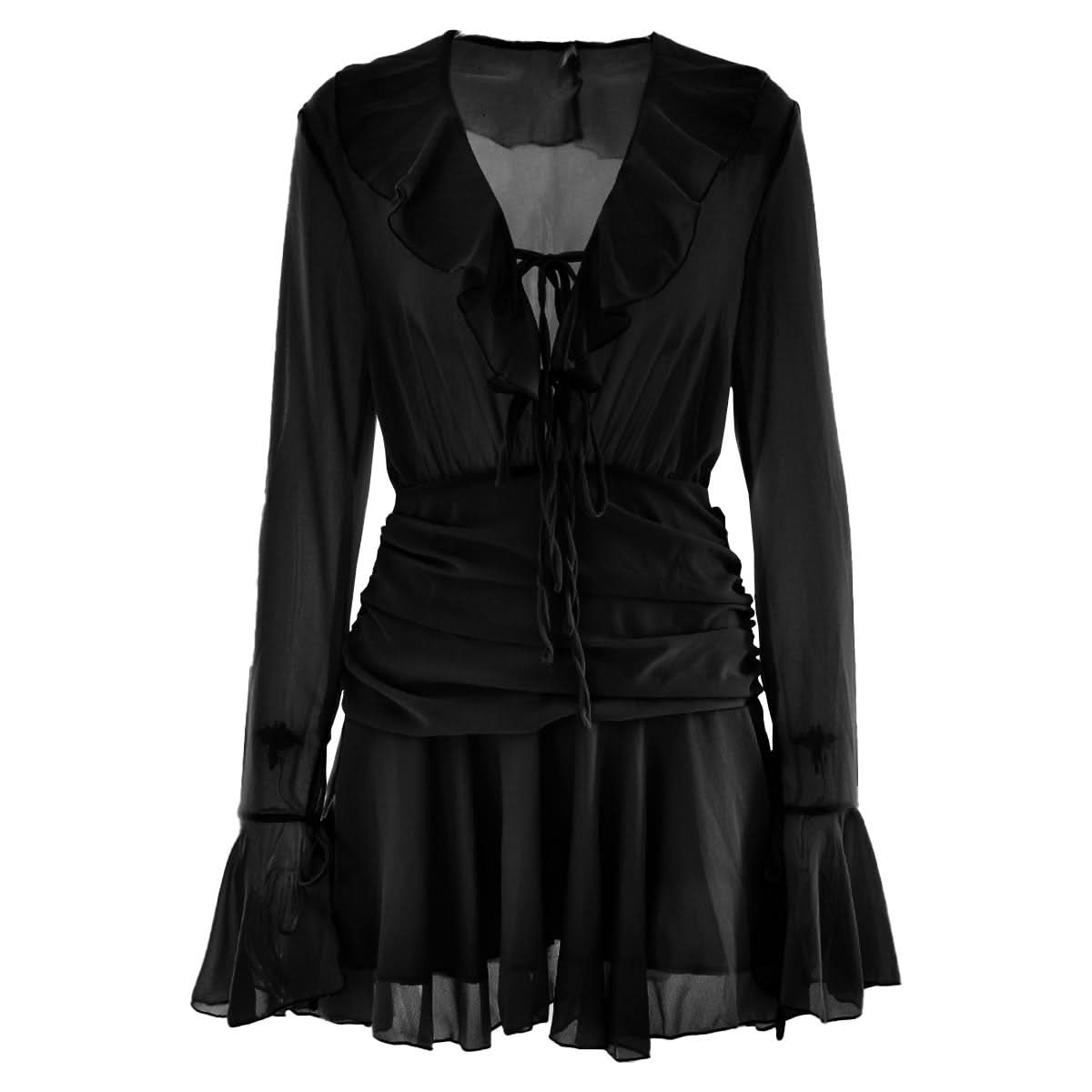 V neck long sleeve chiffon ruched ruffle mini dress