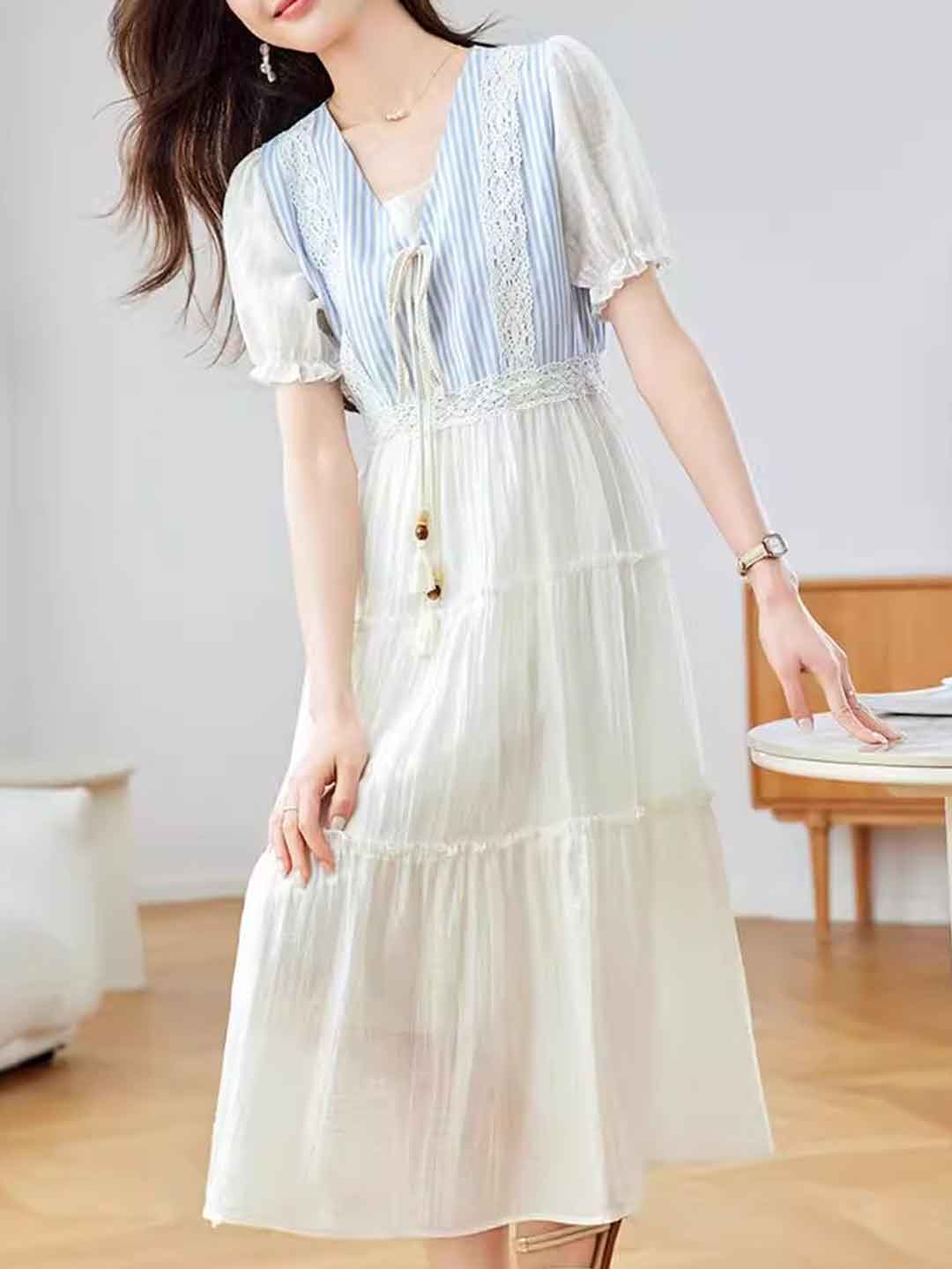 Ariana Classic V-Neck Puff Sleeve Striped Dress