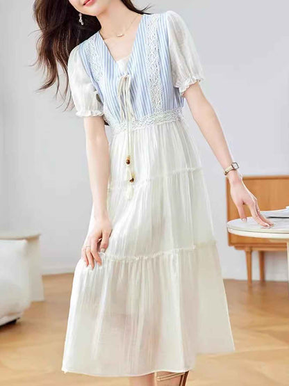 Ariana Classic V-Neck Puff Sleeve Striped Dress