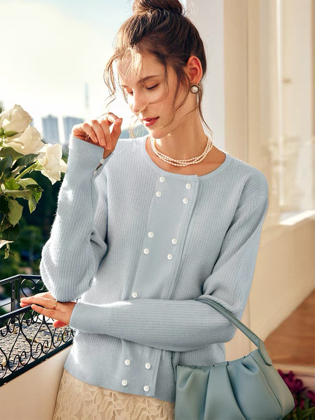 Alena French Style  Double-breasted Knitted Cardigan-Beige