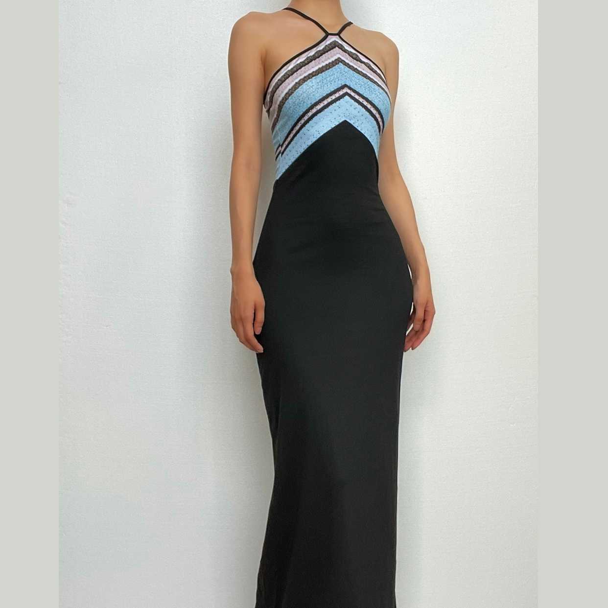 Halter Spaghetti Strap Chevron Print Contrast Bodice Bodycon Maxi Dress