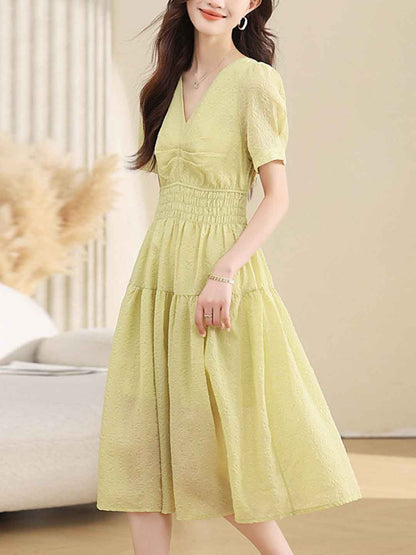 Caroline Classic V-Neck Solid Color Chiffon Dress