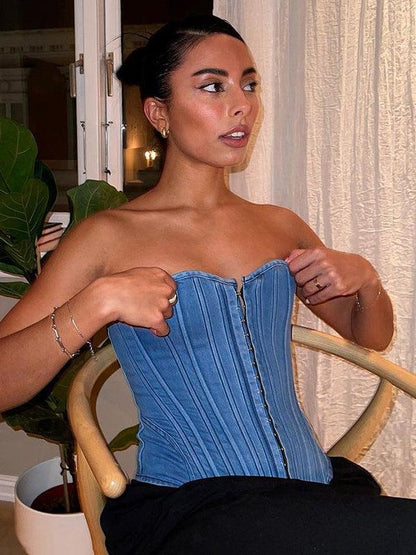 Lace Up Denim Corset Top