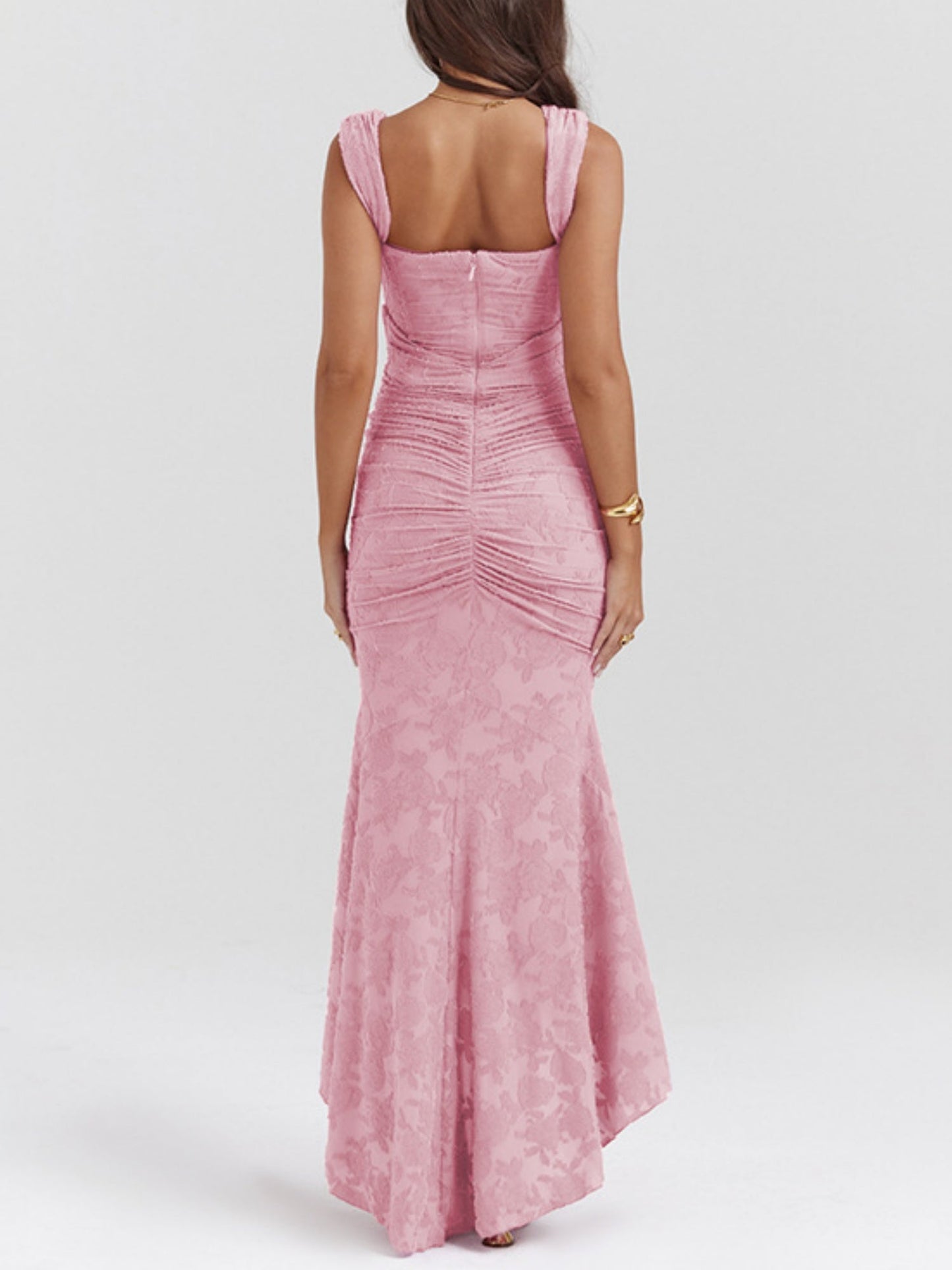 Jacquard Print Pleated Waist Spaghetti Strap Backless Mermaid Tail Maxi Dresses