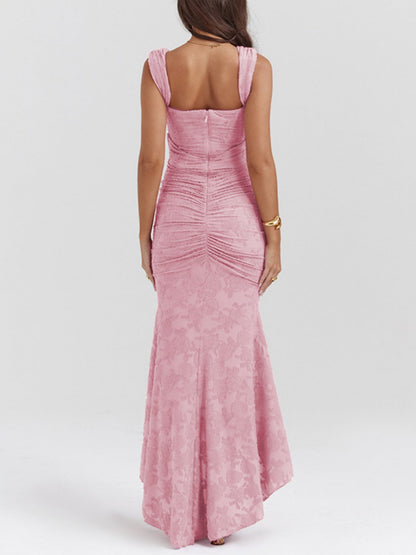 Jacquard Print Pleated Waist Spaghetti Strap Backless Mermaid Tail Maxi Dresses