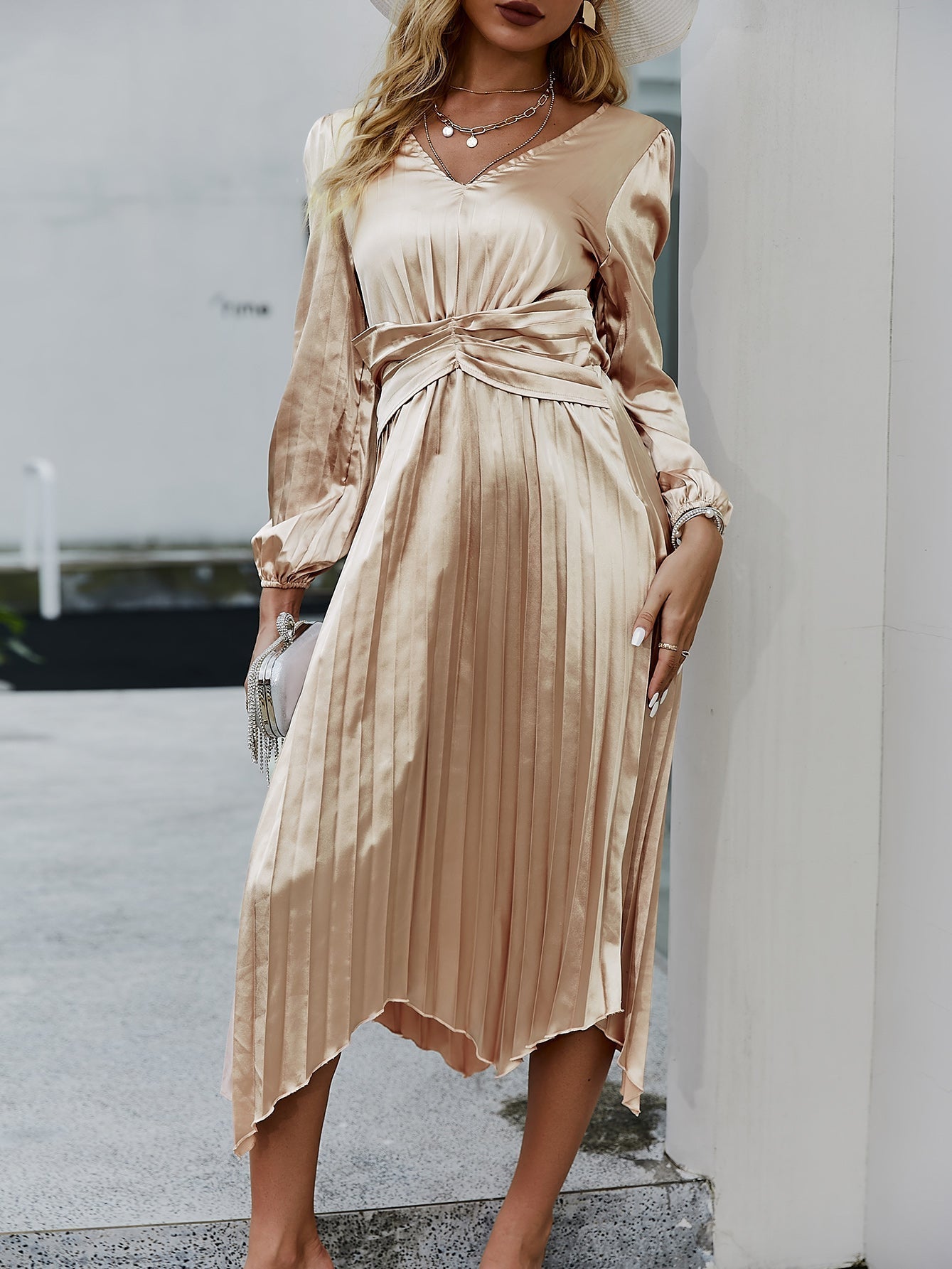 Satin Pleated Long Sleeve Dress