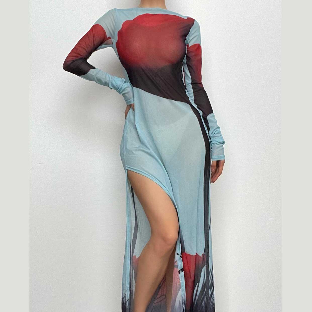 Sheer mesh see through abstract contrast long sleeve slit maxi dress