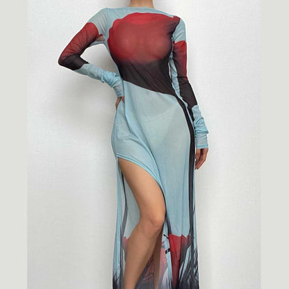 Sheer mesh see through abstract contrast long sleeve slit maxi dress