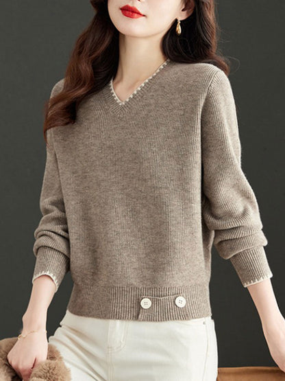 Isabella V-Neck Solid Color Knitted Sweater-Navy Blue