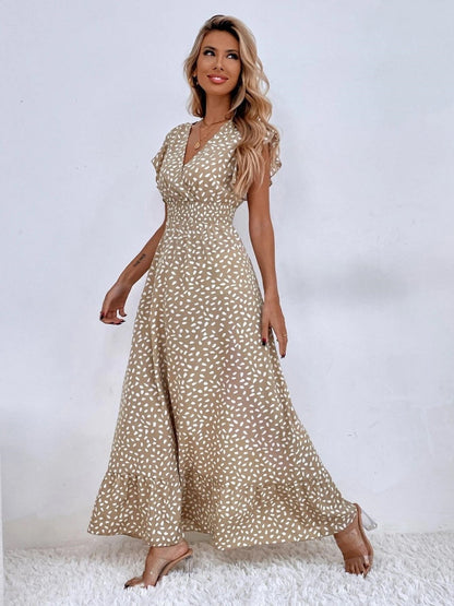 Floral Lotus Leaf Sleeves V-neck Vacation And Leisure Maxi Dresses
