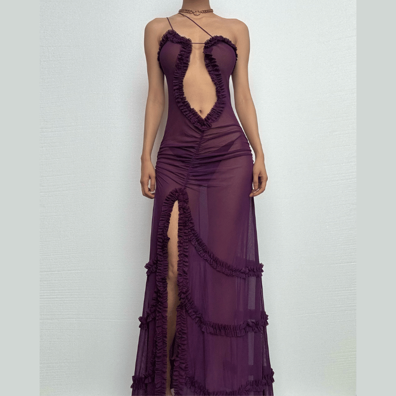 Ruffle spaghetti strap sheer mesh irregular slit maxi dress-final-sale