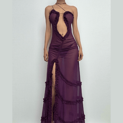Ruffle spaghetti strap sheer mesh irregular slit maxi dress-final-sale