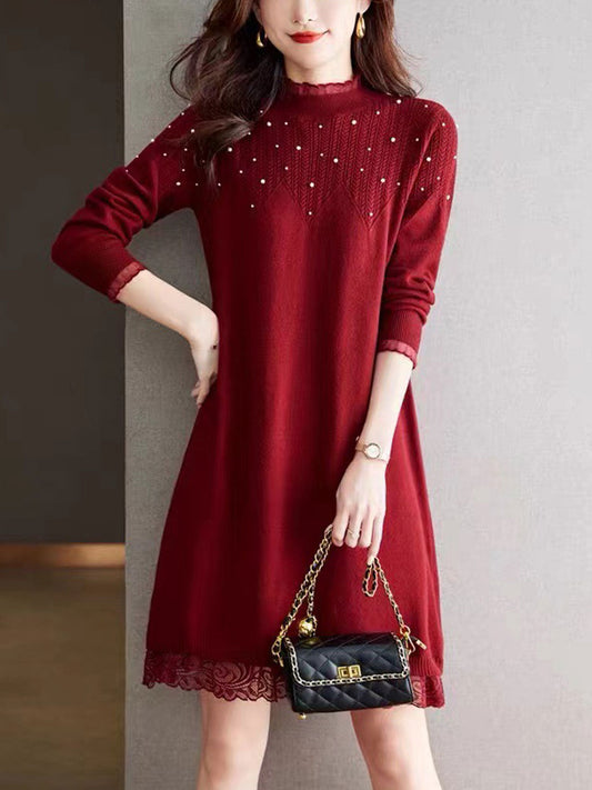 Mariah Elegant Crew Neck Beaded Knitted Dress