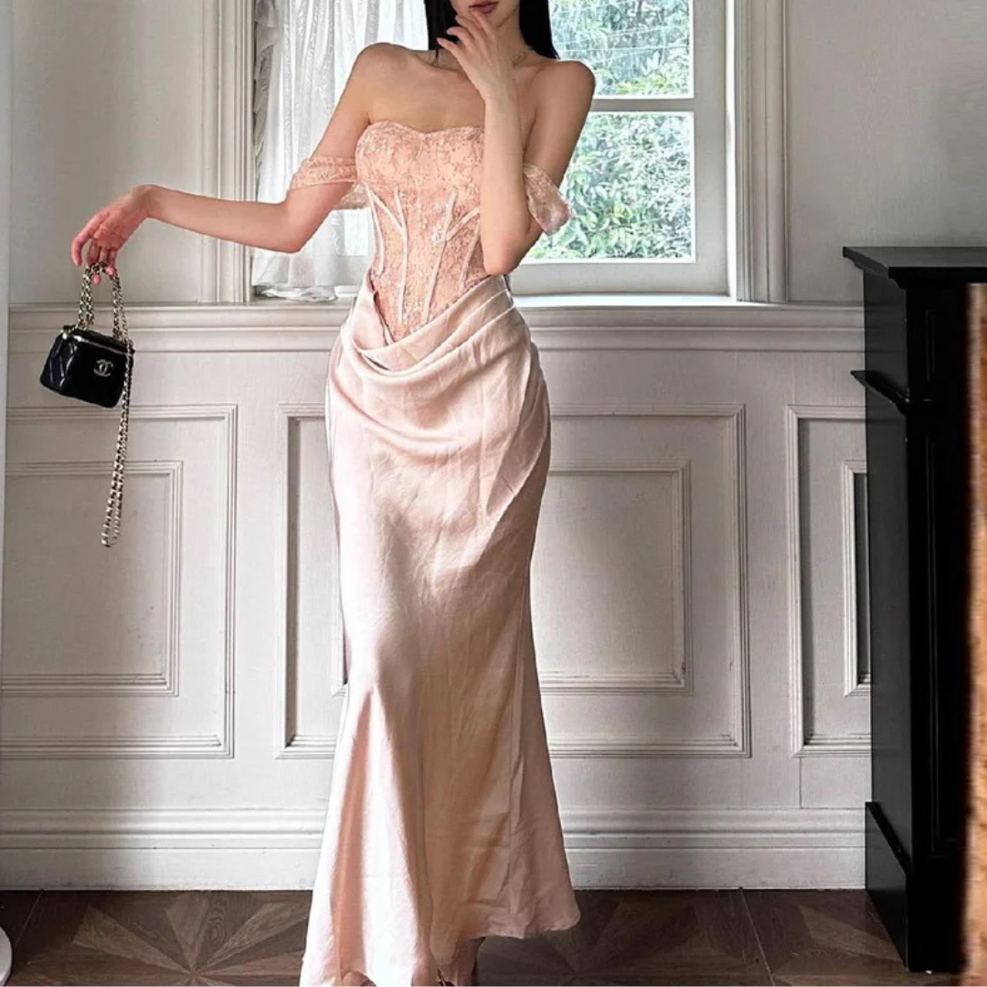 Sweetheart neck off shoulder corset lace maxi dress
