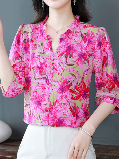 Bailey Loose V-neck Floral Ruffle Chiffon Top