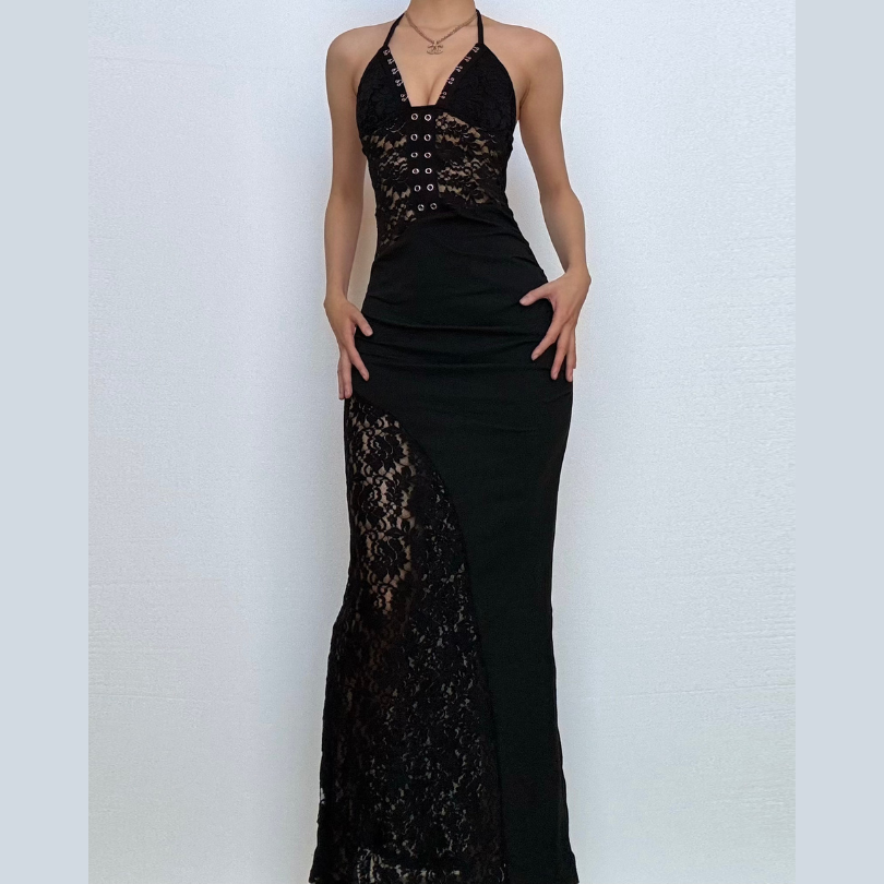 Lace v neck halter self tie ruched maxi dress