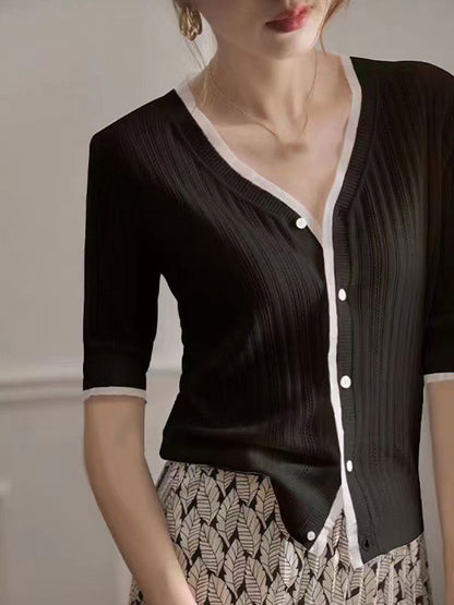 Genesis Elegant V-Neck Lace Stitching Knitted Cardigan-White