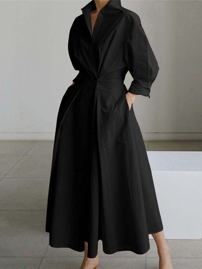 Deep V Collar Long Sleeve Pleated Pocket Midi Shirt Dress