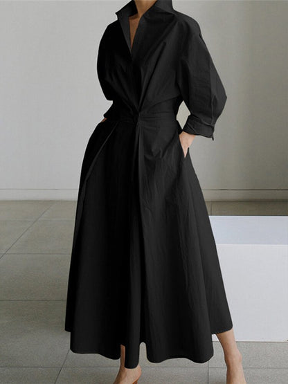 Deep V Collar Long Sleeve Pleated Pocket Midi Shirt Dress