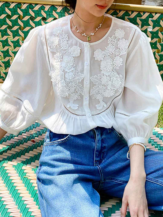 Audrey Vintage Crew Neck Embroidered Blouse
