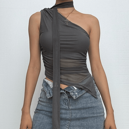 One shoulder mesh ruched slit irregular top