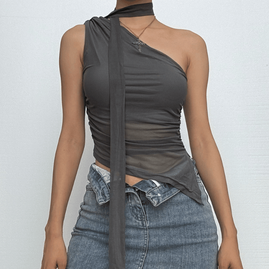 One shoulder mesh ruched slit irregular top