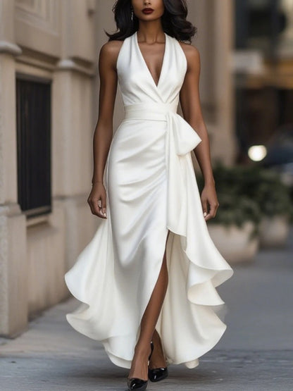 V-neck Irregular Ruffle Lightweight Maxi Dresses