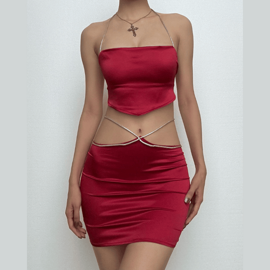 Halter self tie backless zip-up solid cowl neck mini skirt set