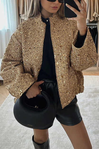 Stand Collar Zip Up Pocketed Sequin Jacket