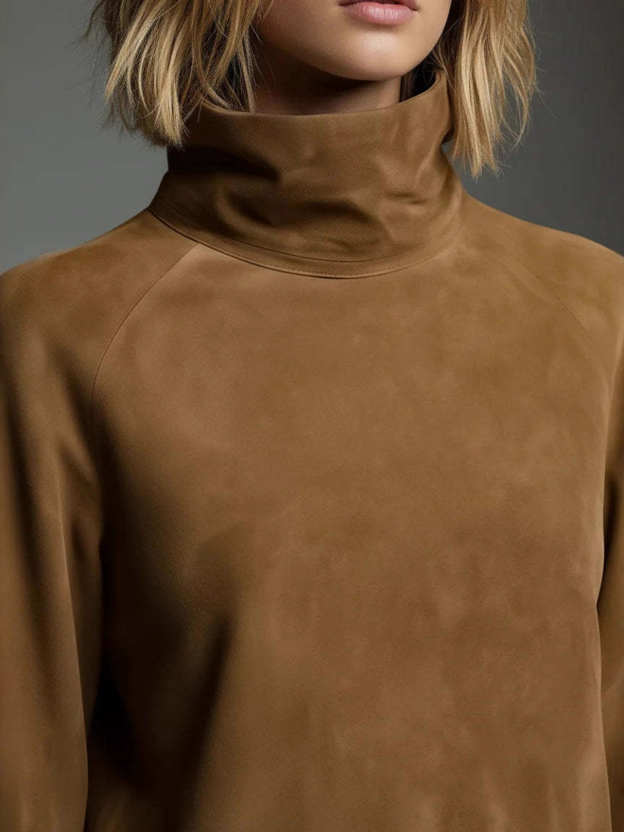 Old Deerskin High-necked Long-sleeved Pocket Mini&Short Dresses