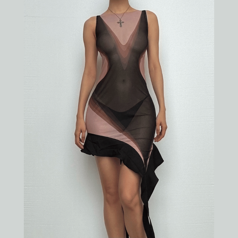 Sleeveless crewneck print irregular mesh mini dress
