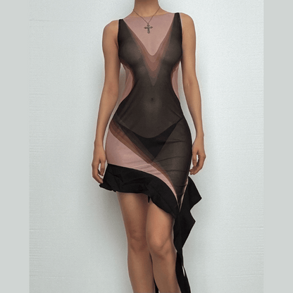 Sleeveless crewneck print irregular mesh mini dress
