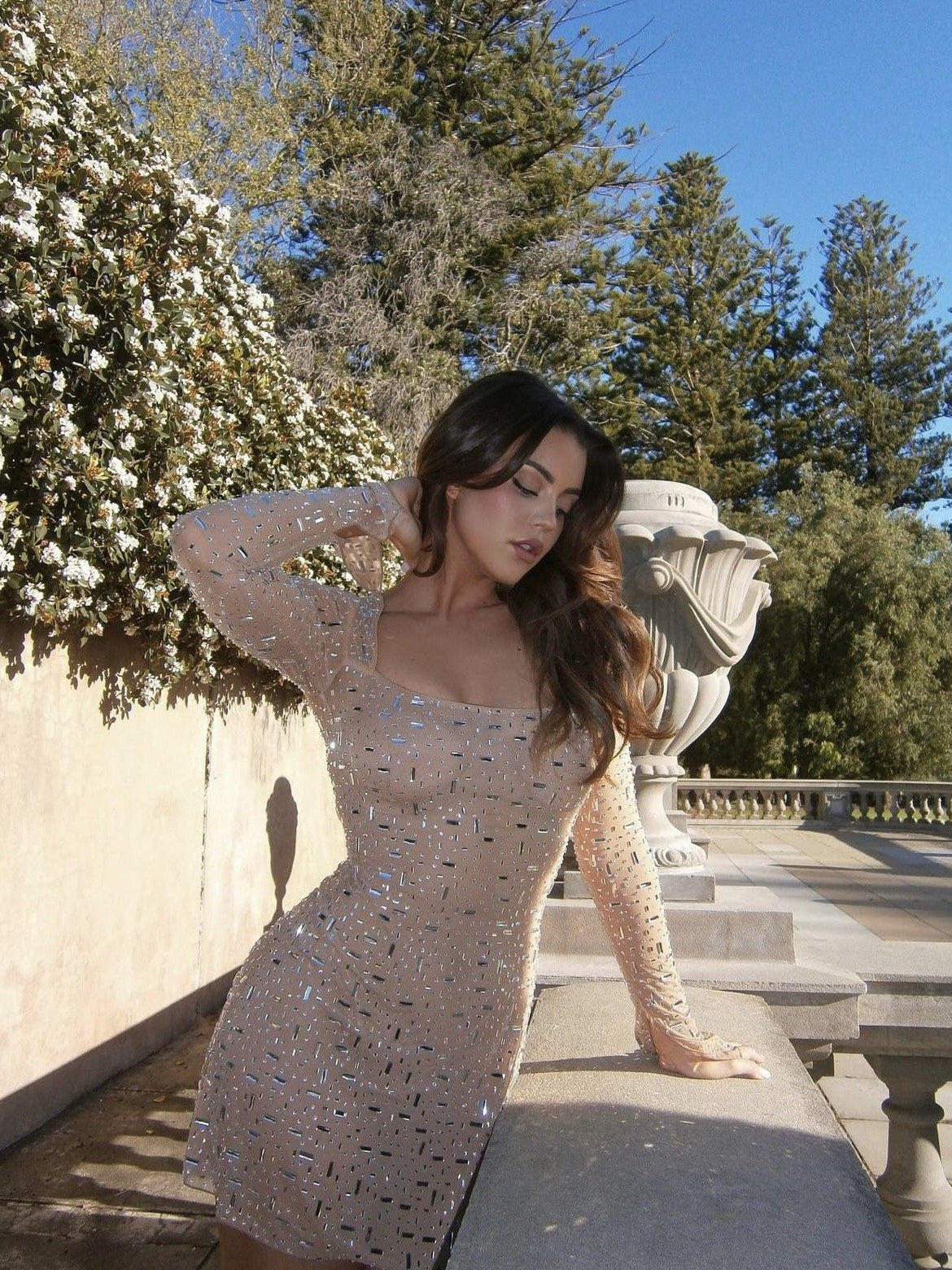 Sequins Rhinestone Semi See through Full Sleeve Short Dress