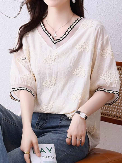 Ariana Chic V-Neck Embroidered Jacquard Shirt