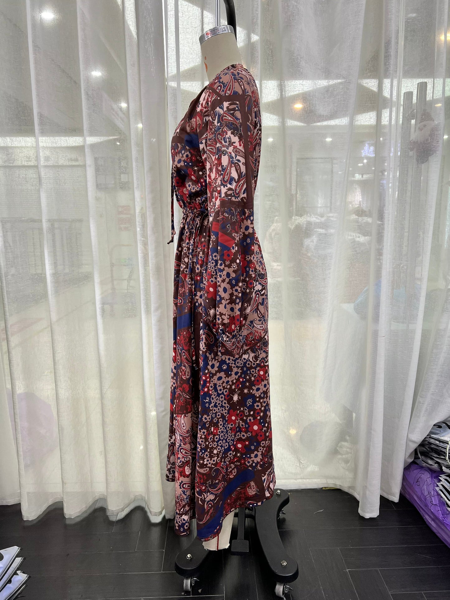 Floral Print Round Neck Lace Up Maxi Dress