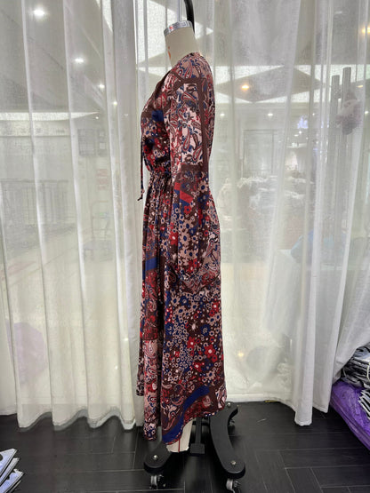 Floral Print Round Neck Lace Up Maxi Dress