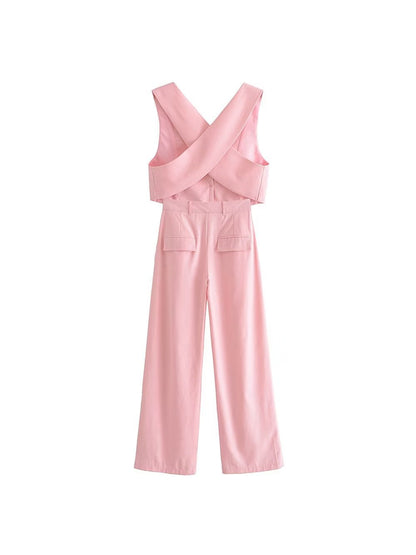 Crop Waist Vest Coat & Wide Leg Pants Coord Set