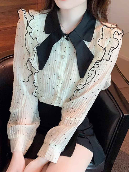 Ava Elegant Bow Lantern Sleeve Polka Dot Chiffon Shirt