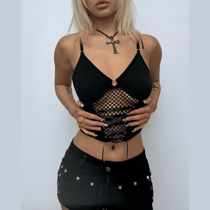 Hollow out lace up v neck corset cami cut out top