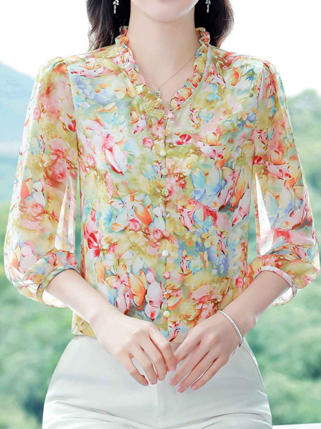 Ariana Vacation V-Neck Auricular Printed Chiffon Top